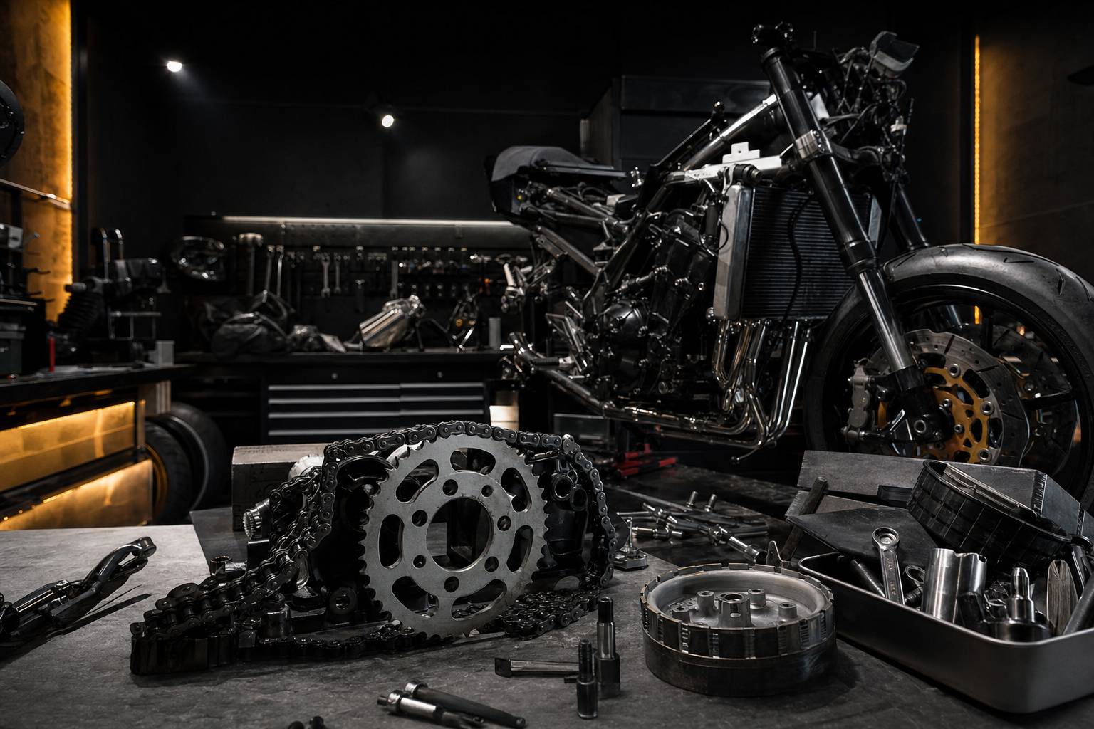 Outillage de mécanique moto dans un garage professionnel