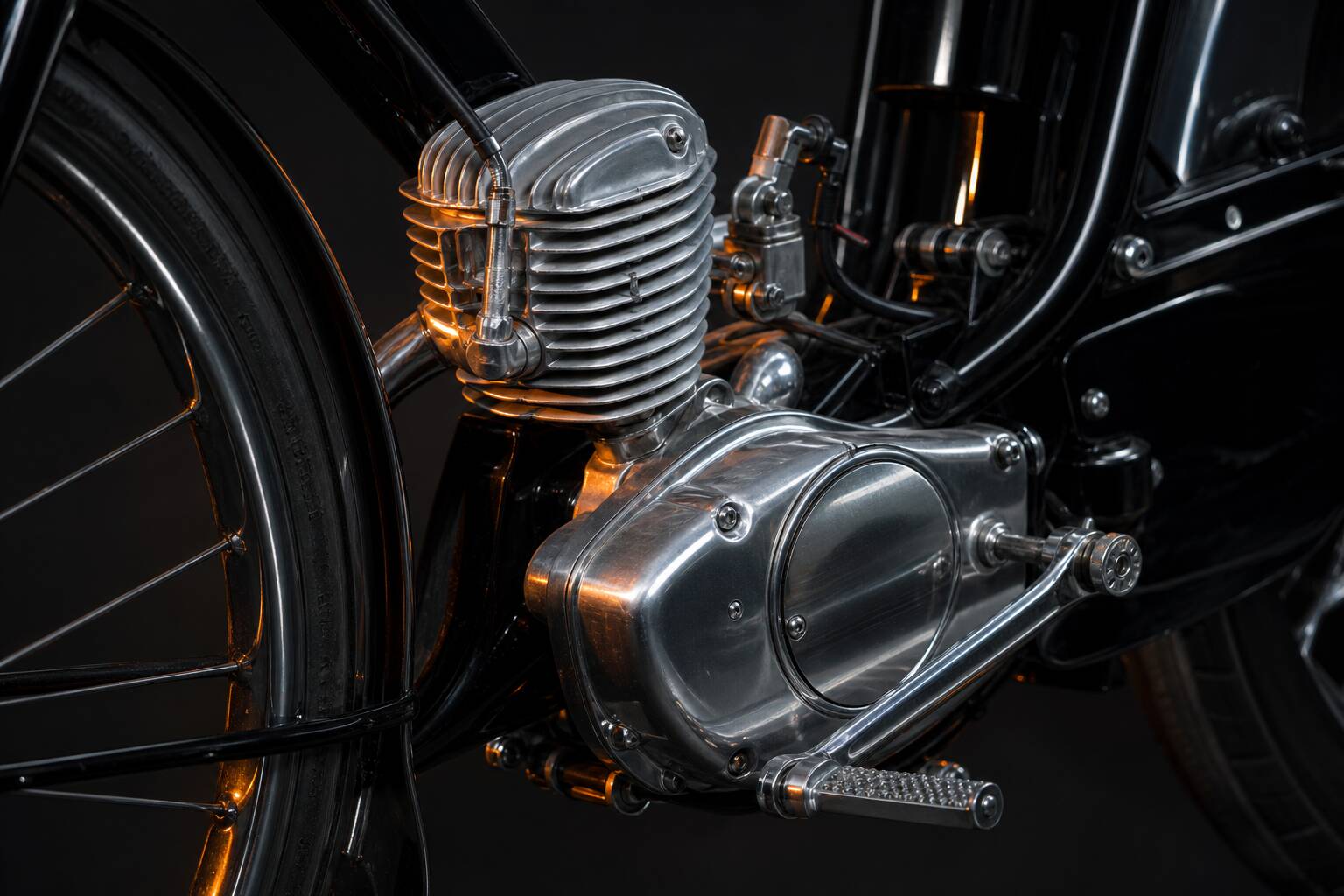Détail moteur et pièces mécaniques Peugeot 103 éclairage dramatique
