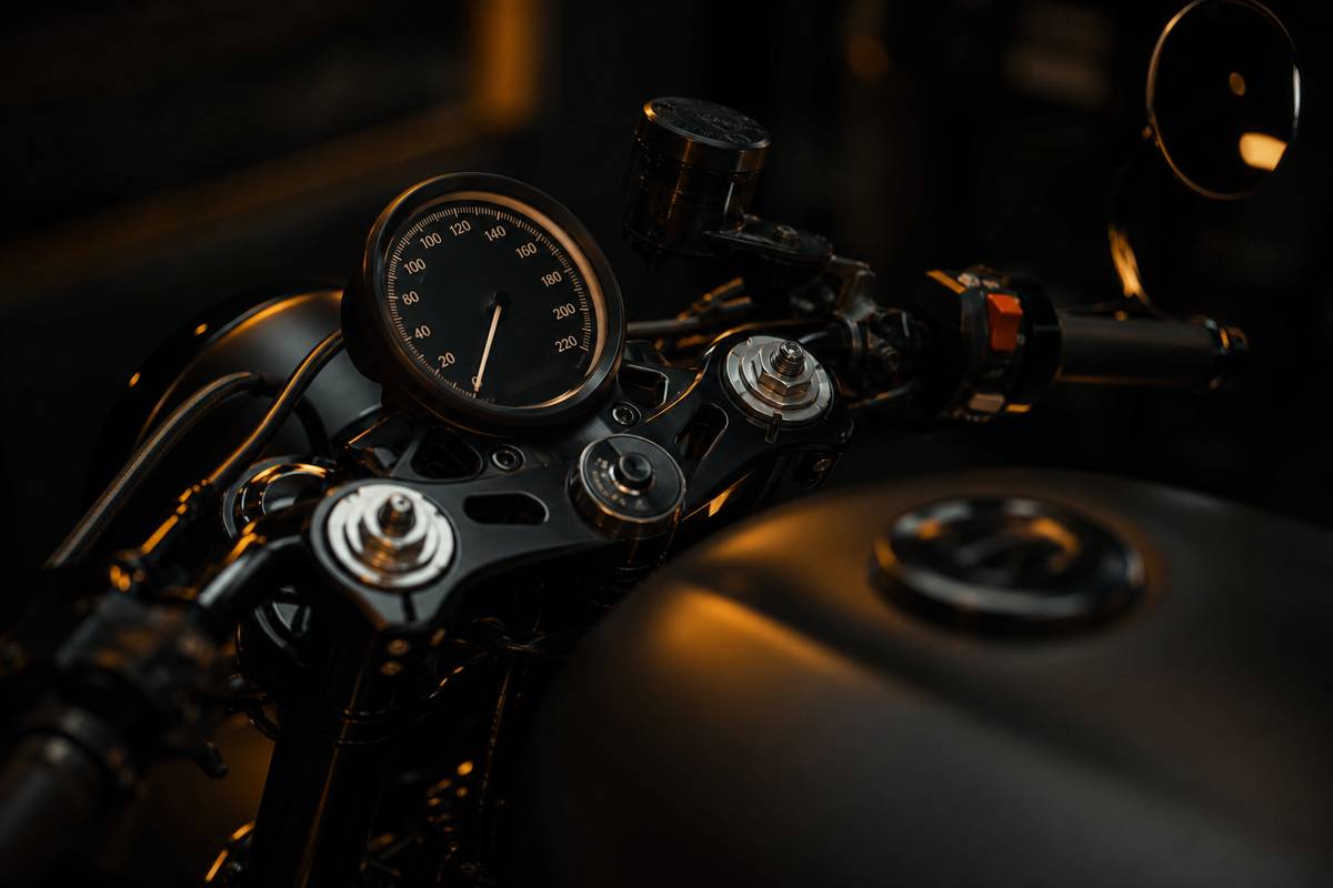 Tableau de bord de moto avec compteur et guidon eclairage tamise