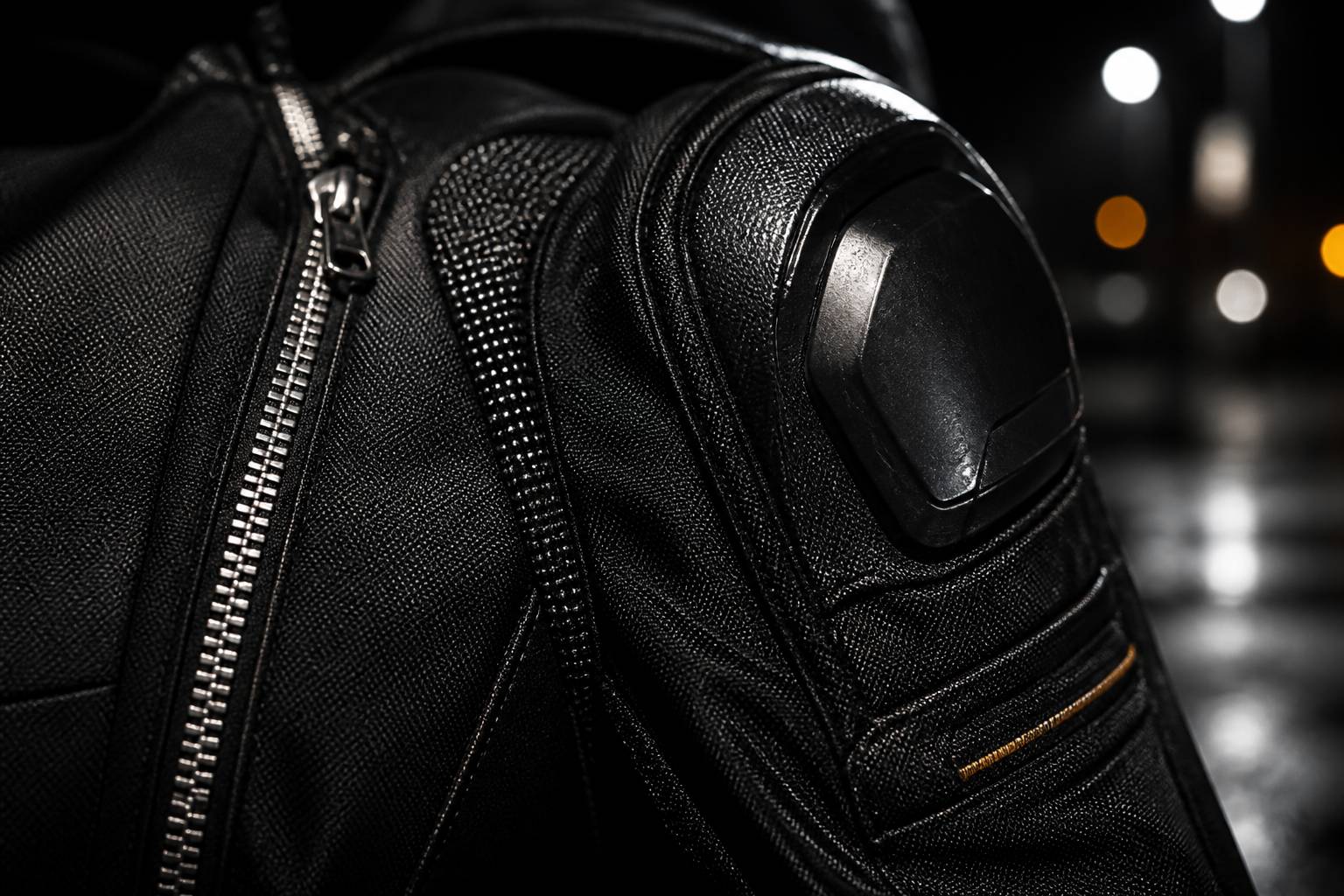 Gros plan de la texture d'un blouson moto noir avec coque d'épaule visible