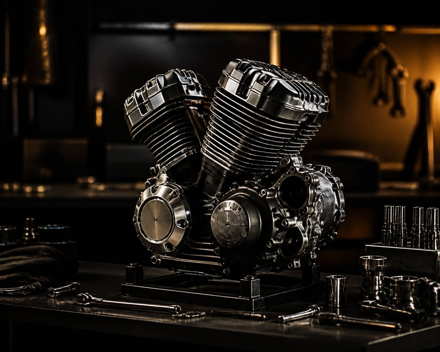 Moteur bicylindre de moto exposé sur un support d'atelier