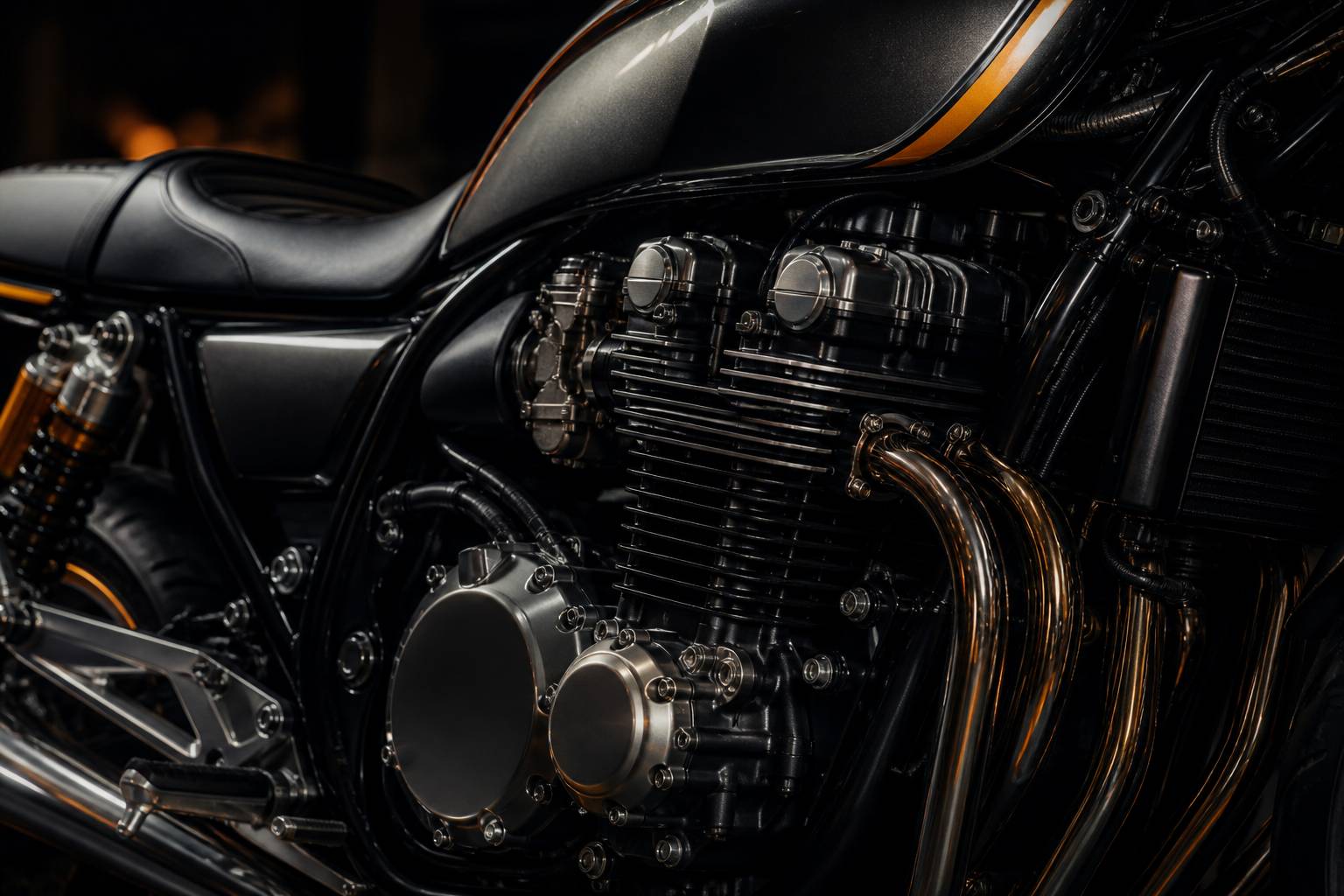 Gros plan sur le moteur quatre-cylindres d'une moto routière sportive en atelier