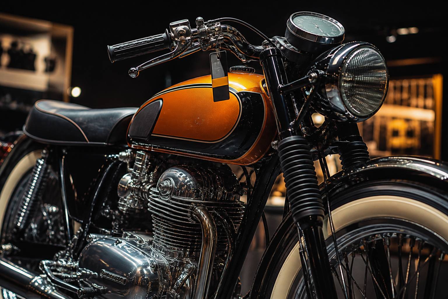 Réservoir peint et moteur chromé d'une moto de collection en inspection