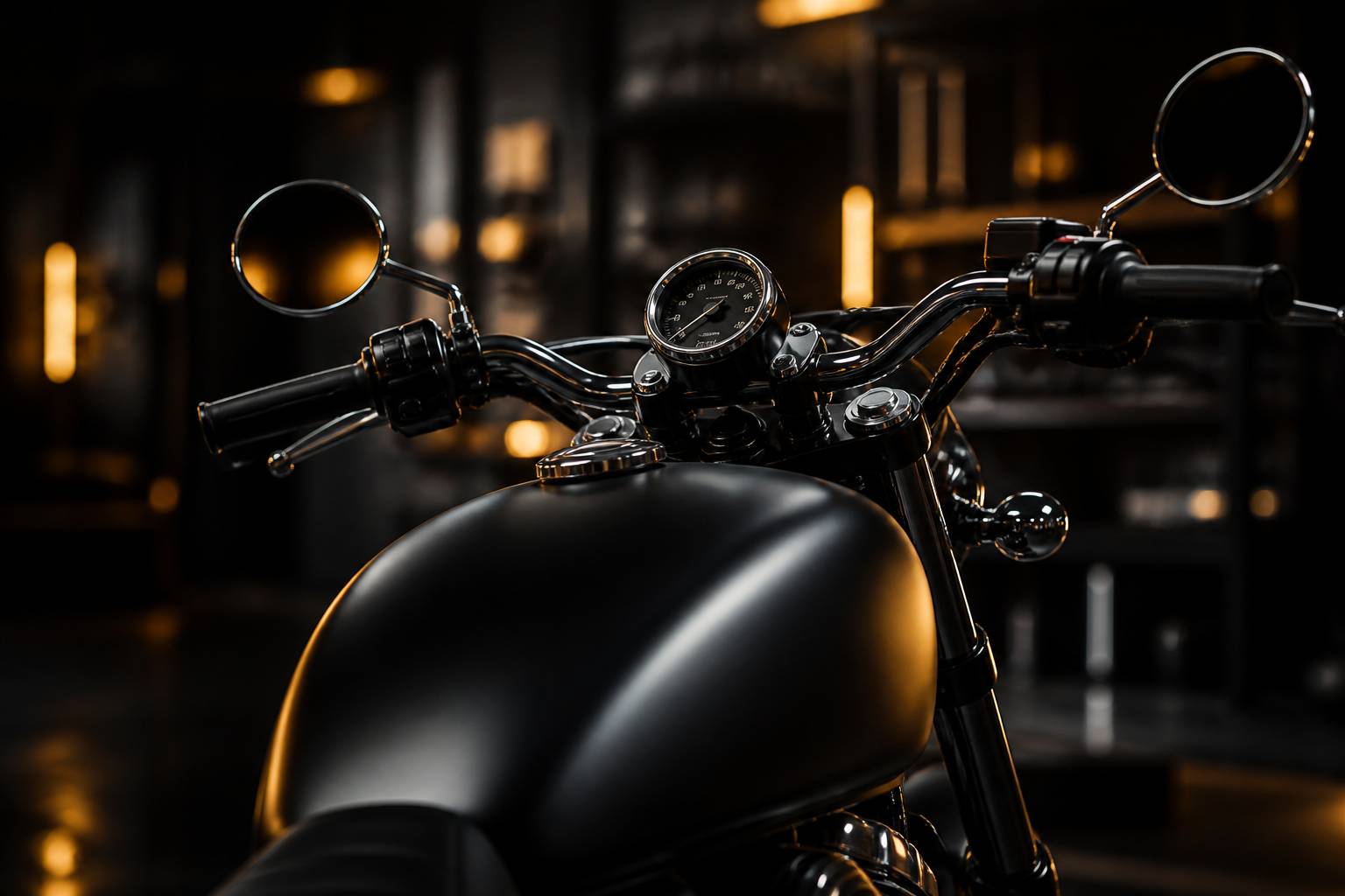 Réservoir de moto noir mat et guidon avec reflets chromés