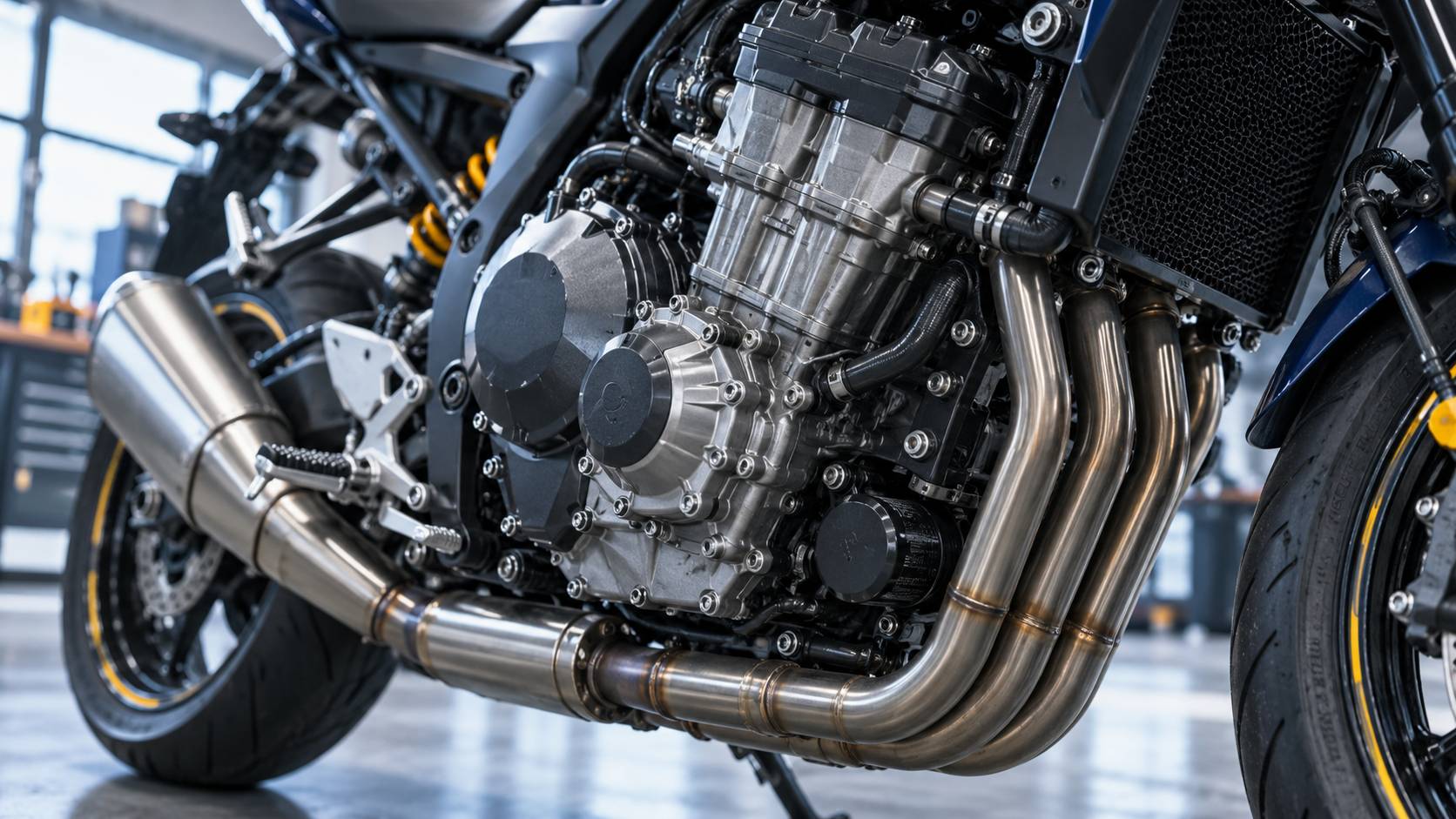 Bloc-moteur quatre-cylindres d'une moto routière sans sigle ni marquage