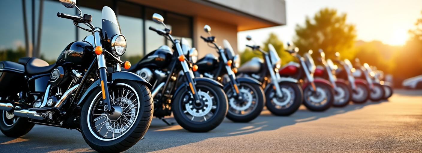 Motard inspectant sa moto dans une concession en vue de la revente